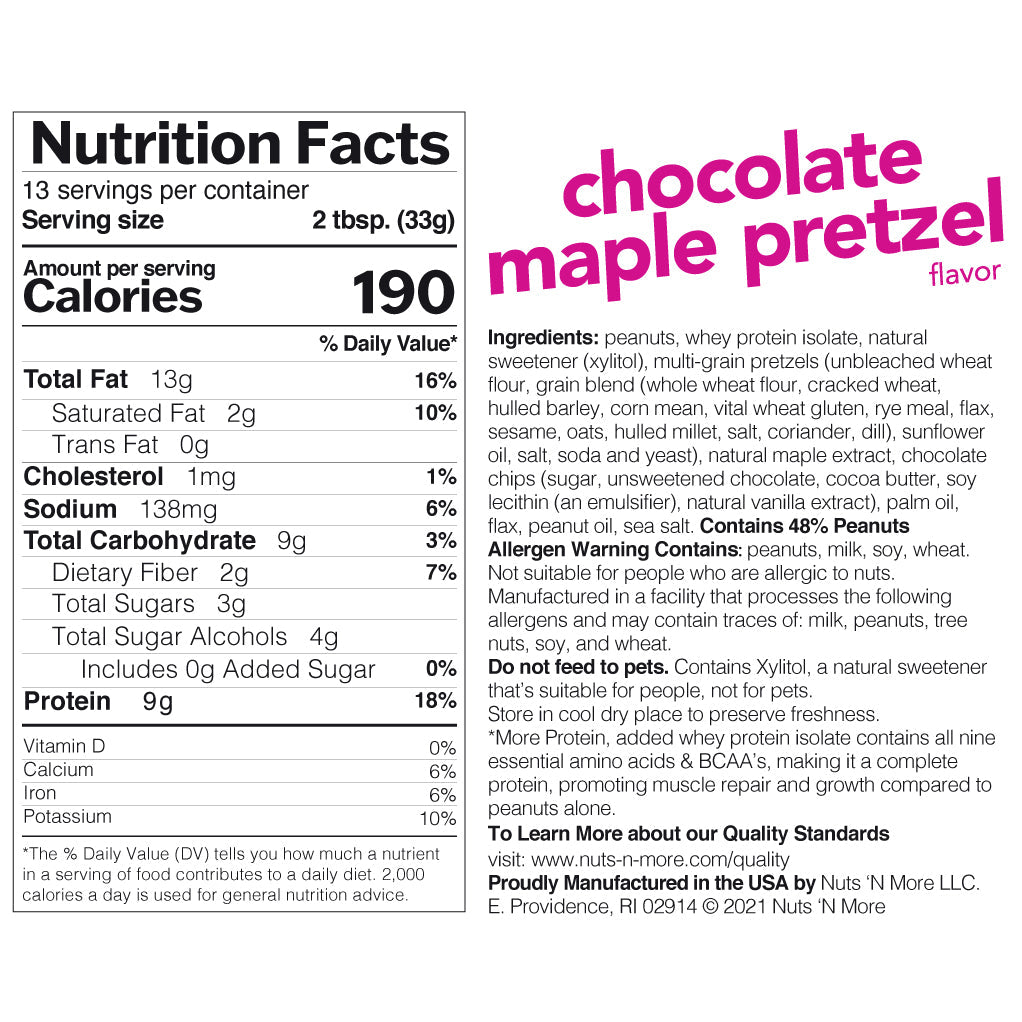 Nuts 'n More Chocolate Maple Pretzel Peanut Butter Spread Nutrition Facts label — 9g protein, 3g sugar