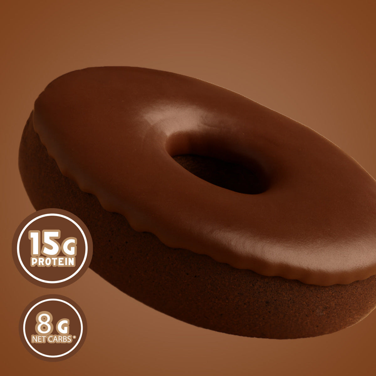 Redefine Foods Chocolate Protein Donut close-up, chocolate-glazed soft-baked cake-style donut