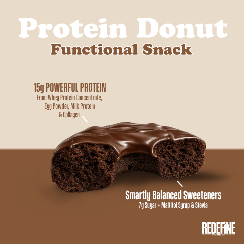 Redefine Foods Chocolate Protein Donut cut in half showing soft cake crumb under chocolate glaze