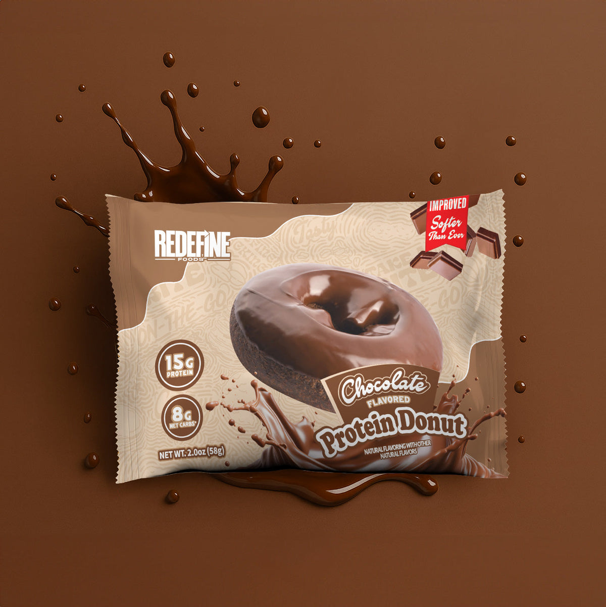 Redefine Foods Chocolate flavored Protein Donut single-serve wrapped package with 15g protein