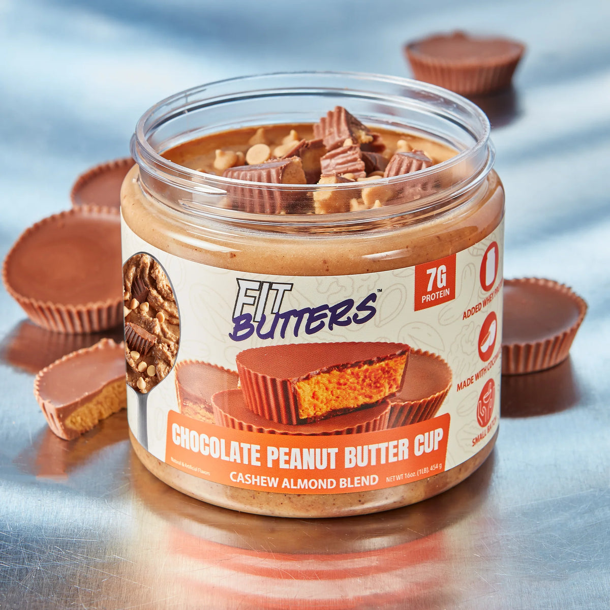 Fit Butter Chocolate Peanut Butter Cup high-protein cashew almond butter jar, front label