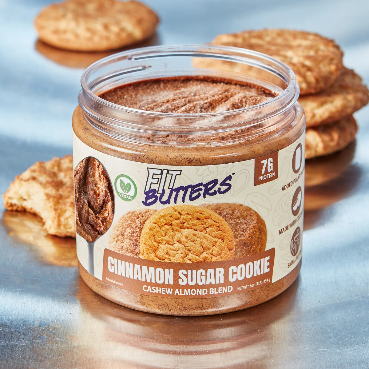 Fit Butter Cinnamon Sugar Cookie vegan high-protein cashew almond butter jar, front label
