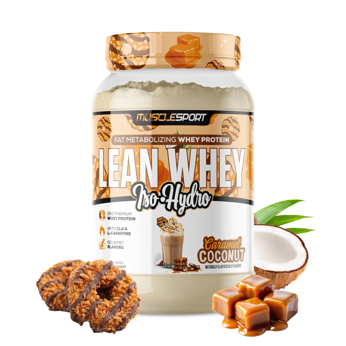 MuscleSport Lean Whey Coconut Caramel protein powder with flavor scoop