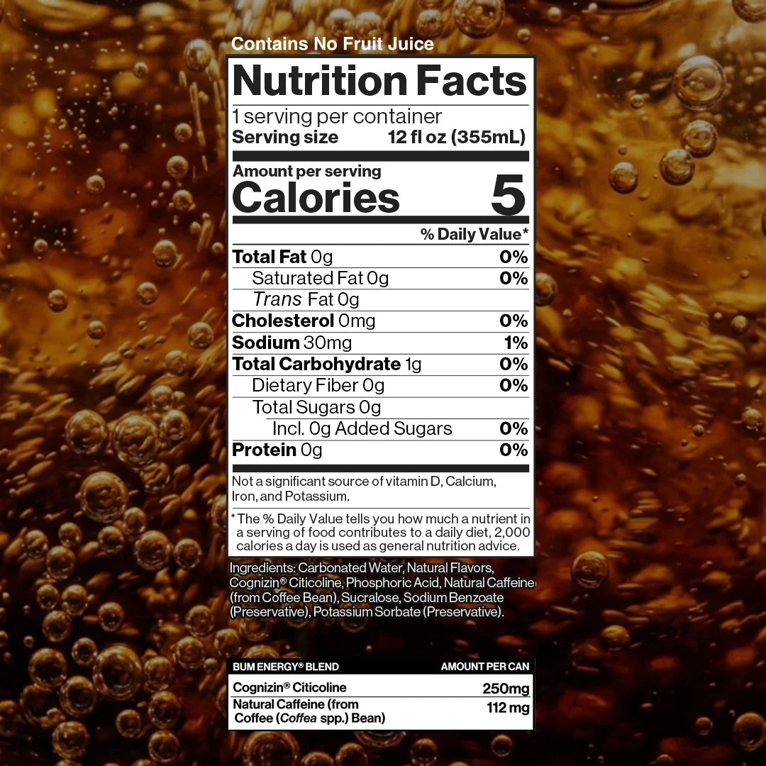 Nutrition Facts panel for BUM Energy Cola — 5 calories, 0 g sugar, 112 mg caffeine, 250 mg Cognizin