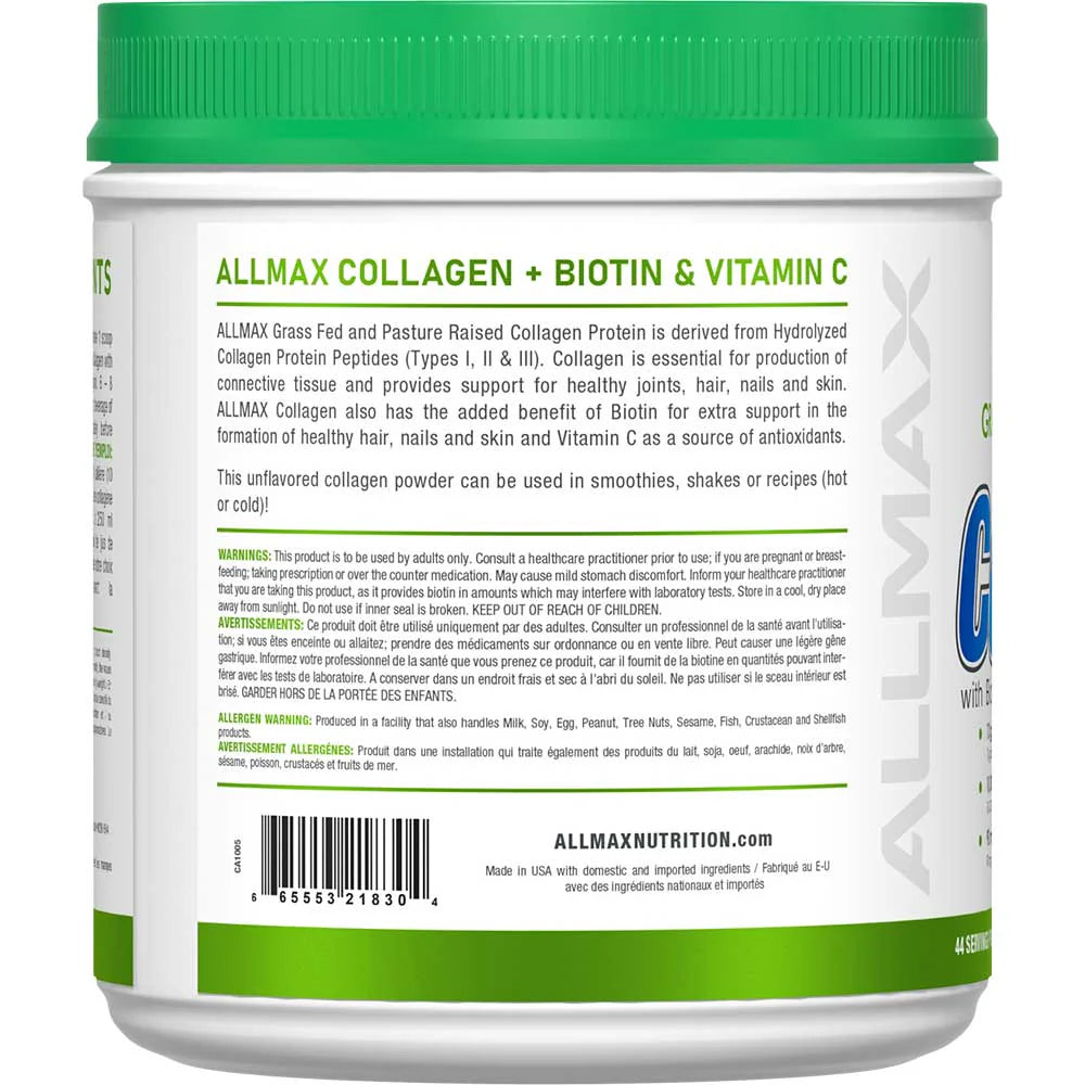 Allmax Collagen Peptides Powder (Types I, II, III) + Biotin + Vitamin C (440g)