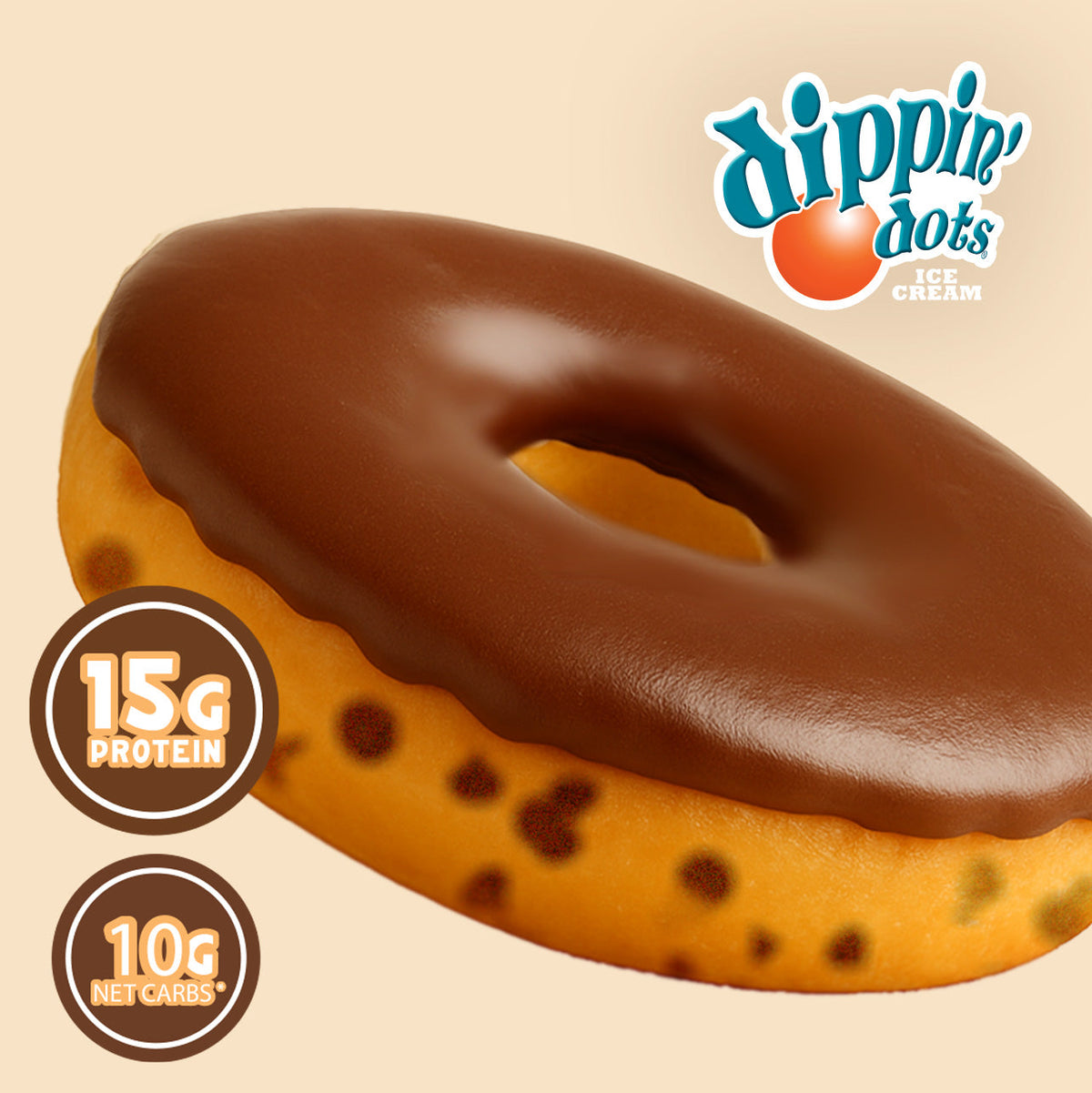 Redefine Foods Dippin' Dots Cookie Dough Protein Donut close-up, chocolate-glazed with chips