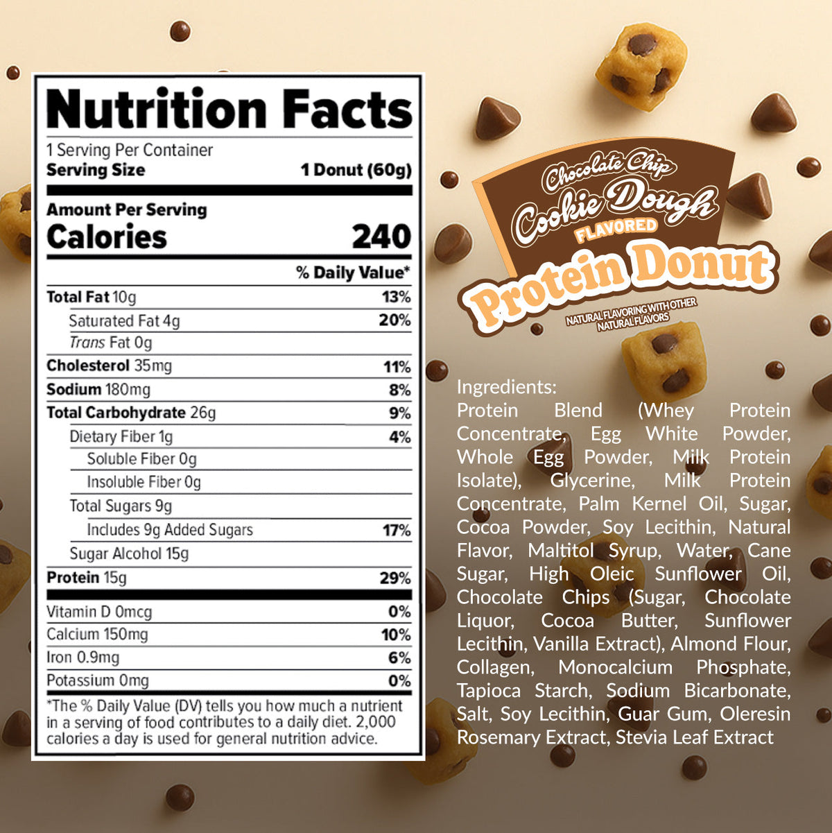 Redefine Foods Cookie Dough Protein Donut Nutrition Facts panel and ingredients per 60g donut
