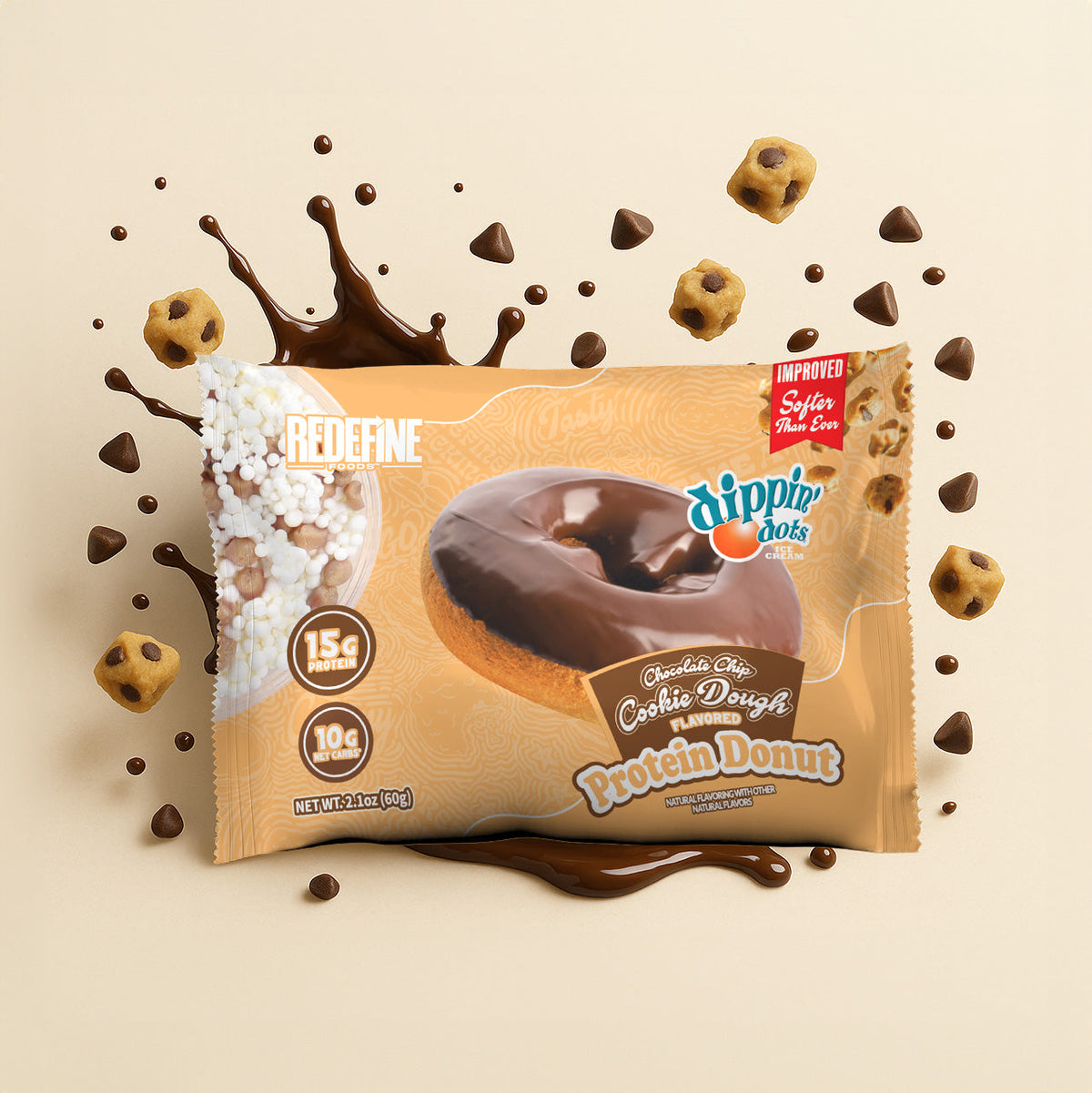 Redefine Foods Dippin' Dots Cookie Dough Protein Donut single-serve wrapped package, 15g protein