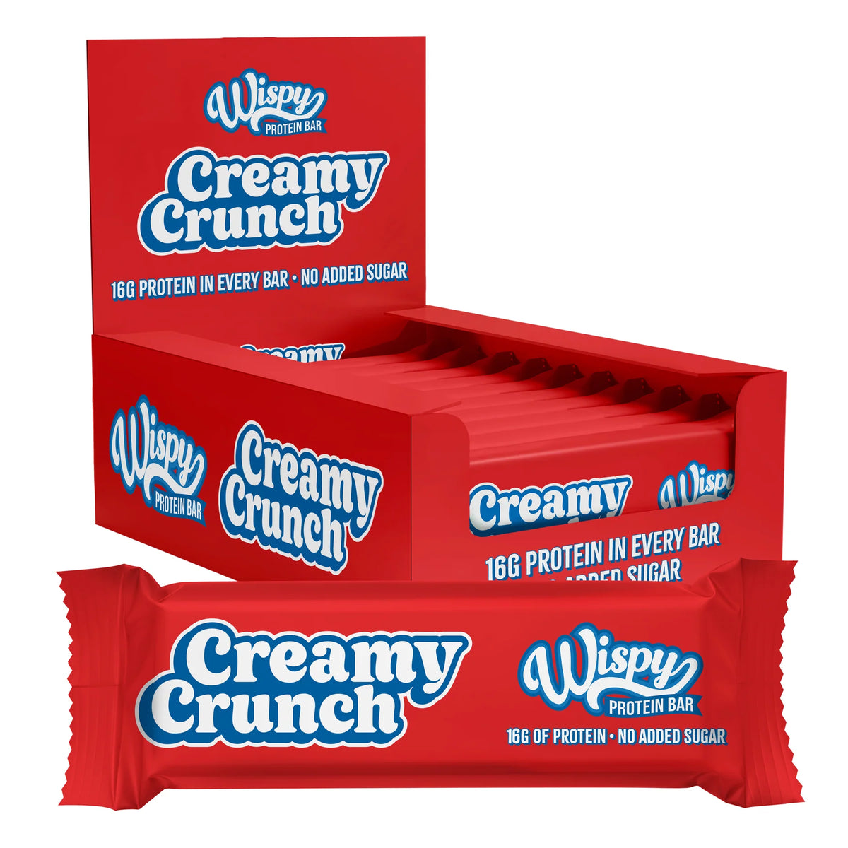 Wispy Creamy Crunch low sugar protein bar, box of 10 with wrapped bar, 16g protein no added sugar
