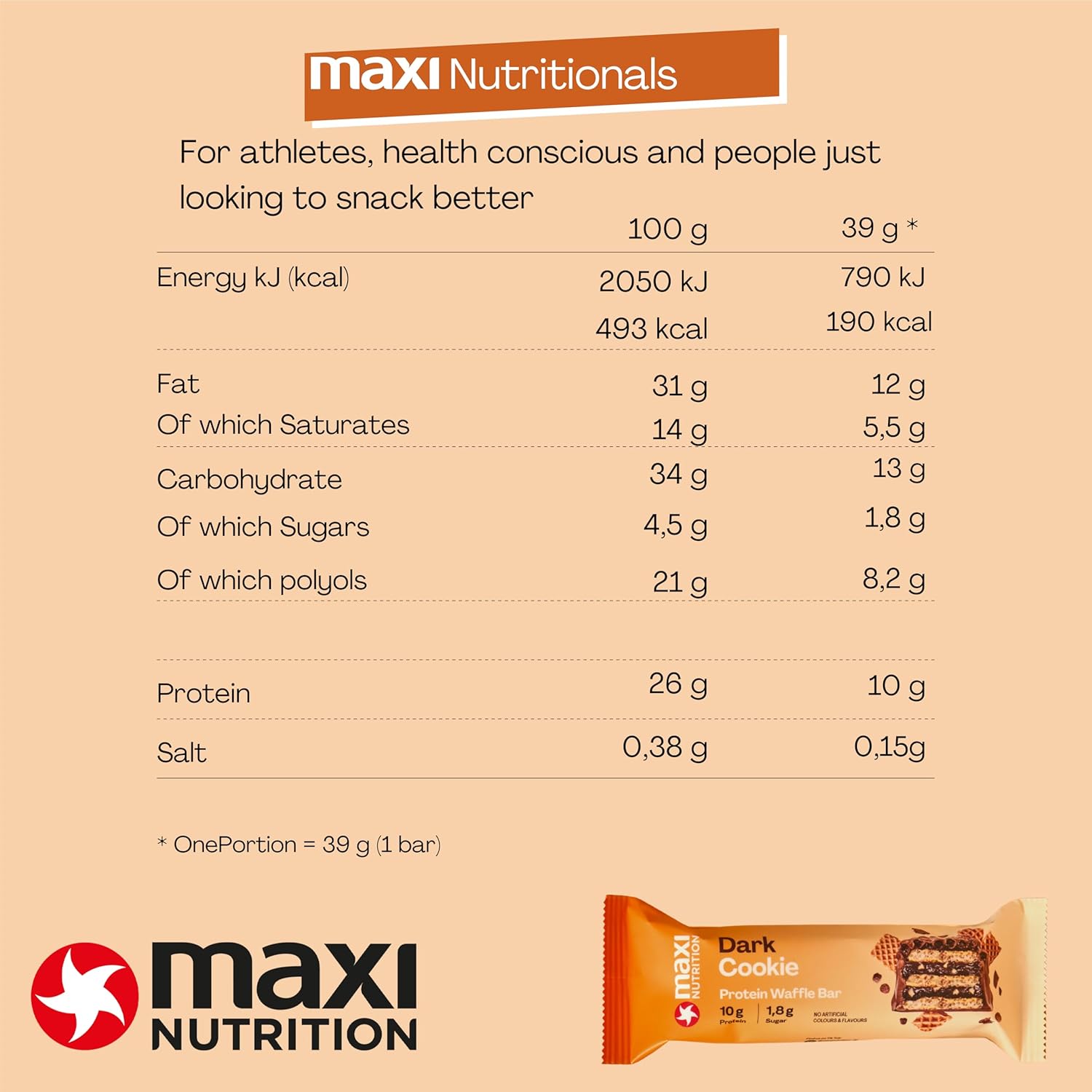 MaxiNutrition Dark Cookie Protein Waffle Bar Nutrition Facts label — 10g protein, 1.8g sugar per bar