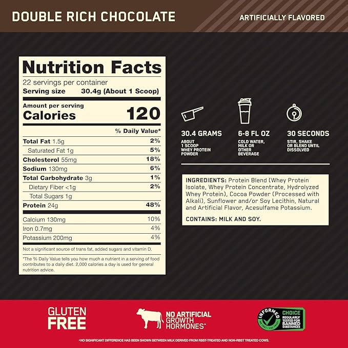 Optimum Nutrition Gold Standard 100% Whey Protein Powder (1.5 lb) nutrition facts panel