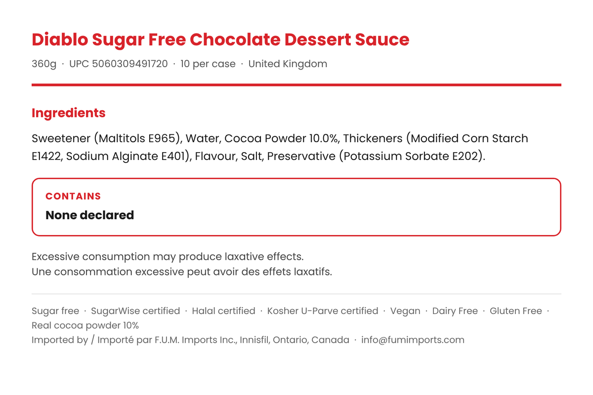 Diablo No Added Sugar Chocolate Dessert Sauce ingredients, vegan dairy free gluten free, real cocoa