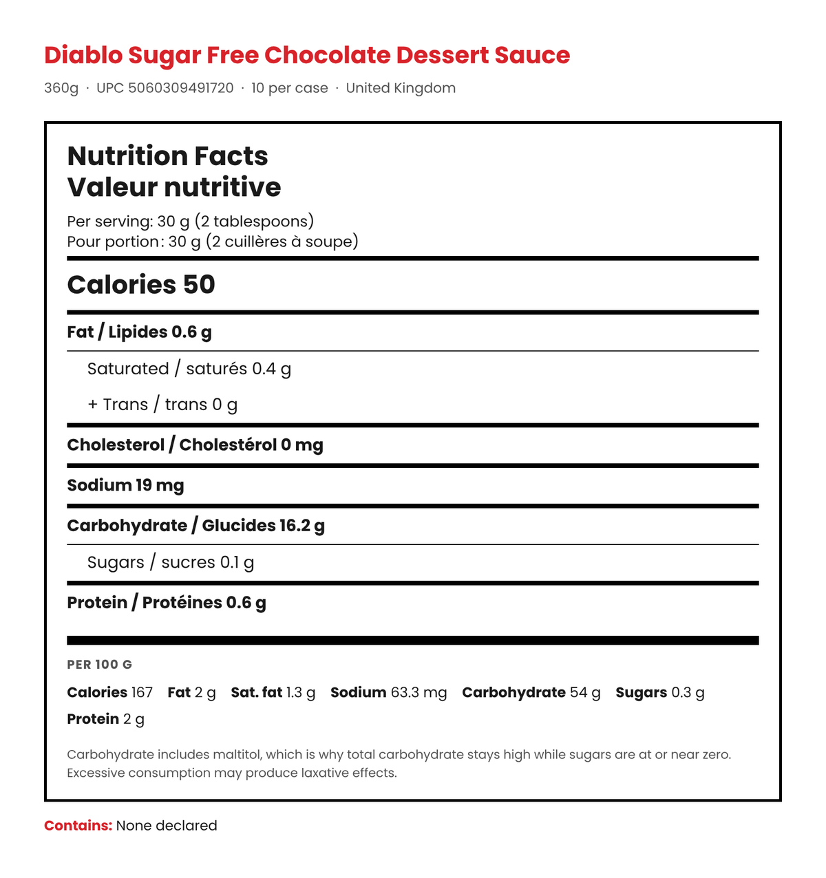 Diablo Chocolate Dessert Sauce Nutrition Facts panel, per 30g 2 tbsp serving, bilingual