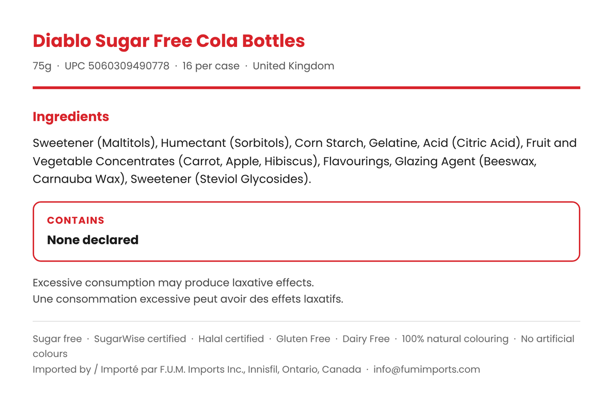 Diablo Sugar Free Cola Bottles ingredients list panel with sweetener and allergen information, 75g bag