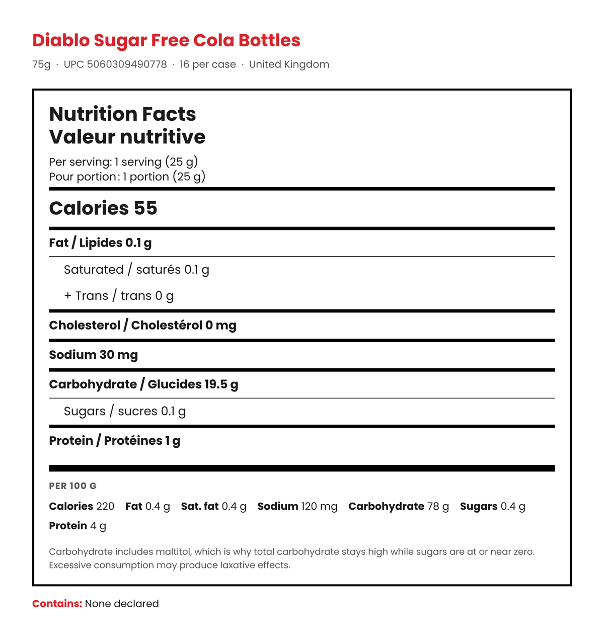 Diablo Sugar Free Cola Bottles Nutrition Facts panel, bilingual, per 25g serving and per 100g values
