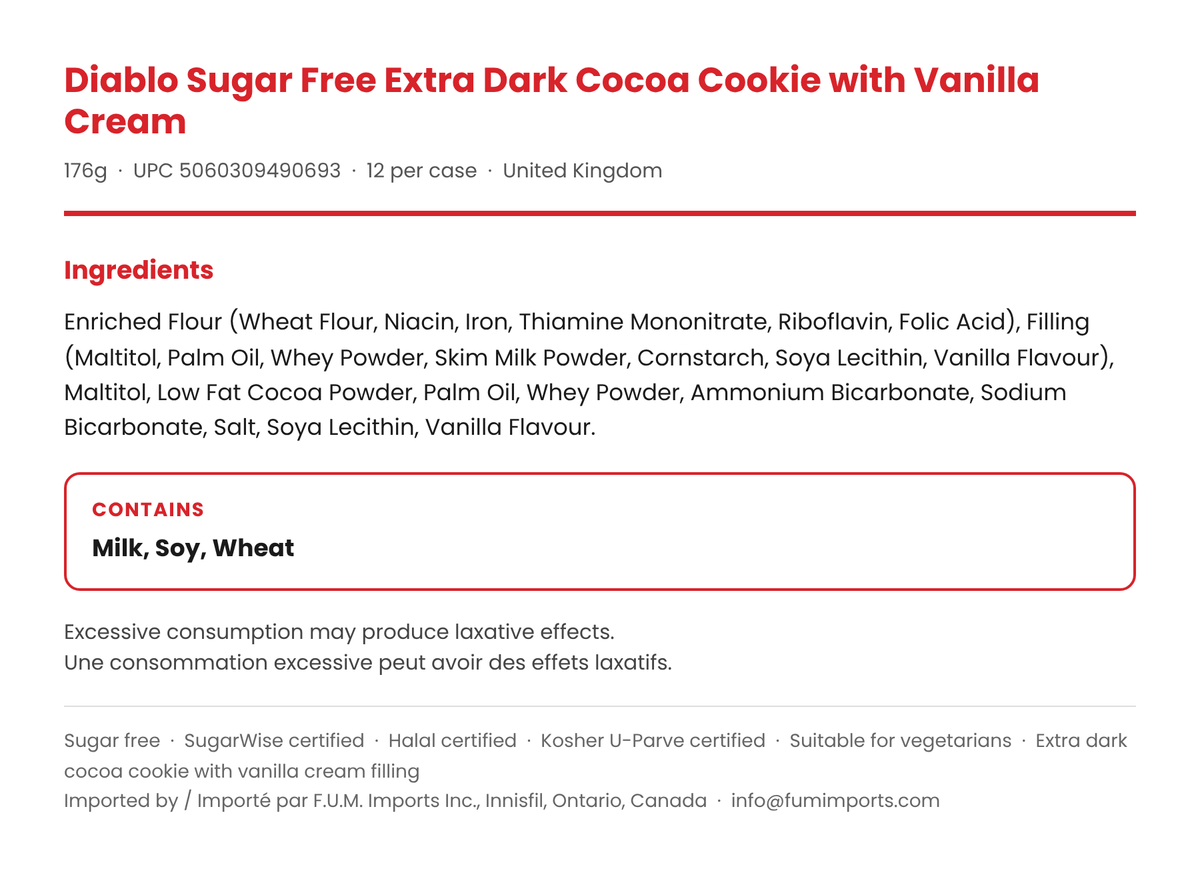 Diablo Sugar Free Extra Dark Cocoa Cookie with Vanilla Cream ingredients list, sugar free 176g pack