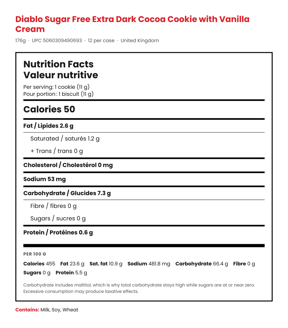 Diablo Extra Dark Cocoa Cookie with Vanilla Cream Nutrition Facts panel, per cookie 11g, bilingual