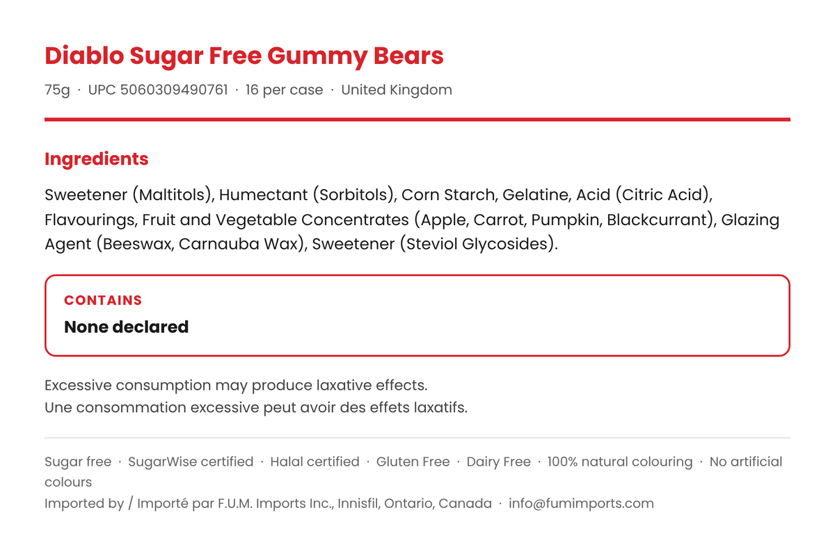 Diablo Sugar Free Gummy Bears ingredients list panel with sweetener and allergen information, 75g bag