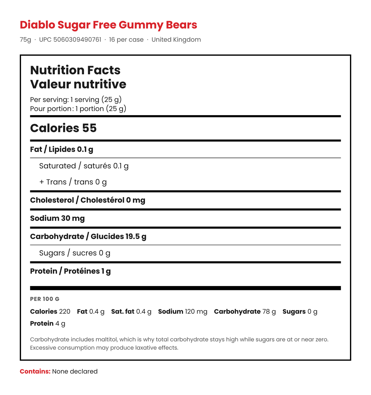 Diablo Sugar Free Gummy Bears Nutrition Facts panel, bilingual, per 25g serving and per 100g values