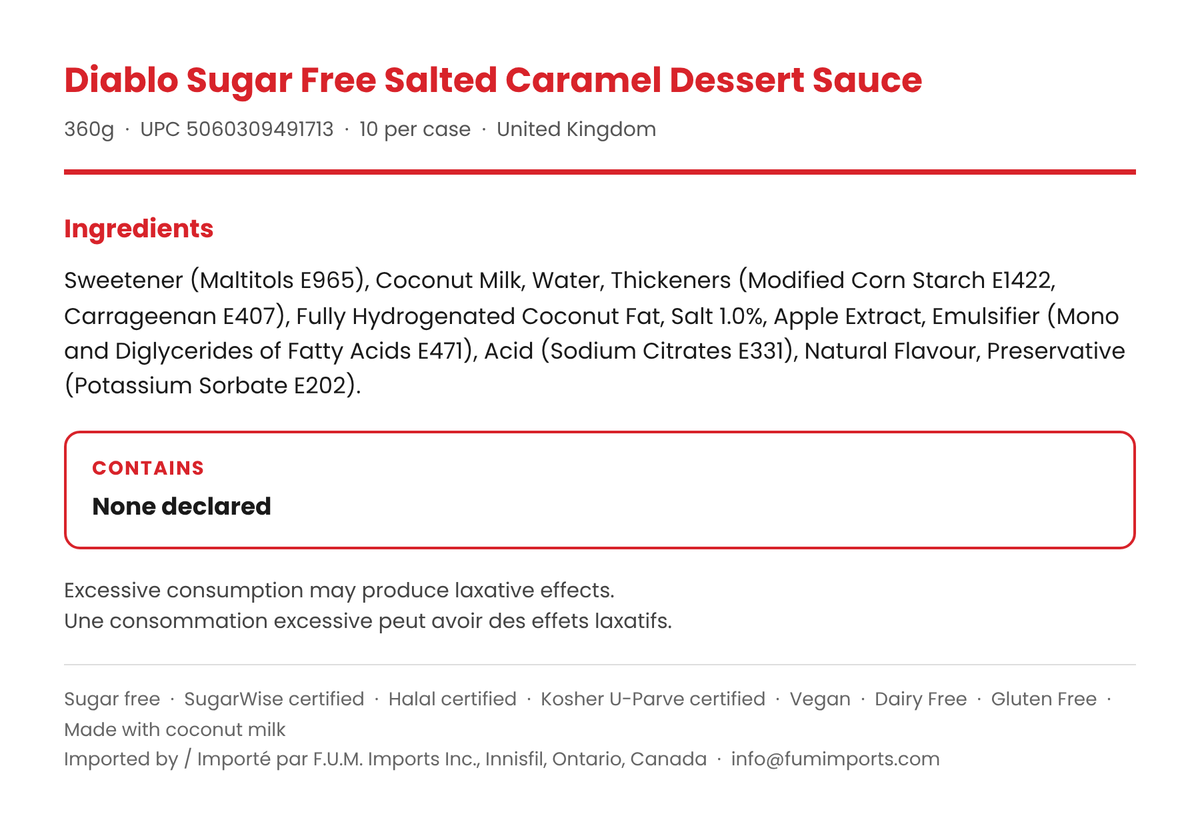 Diablo No Added Sugar Salted Caramel Dessert Sauce ingredients, vegan dairy free gluten free, coconut