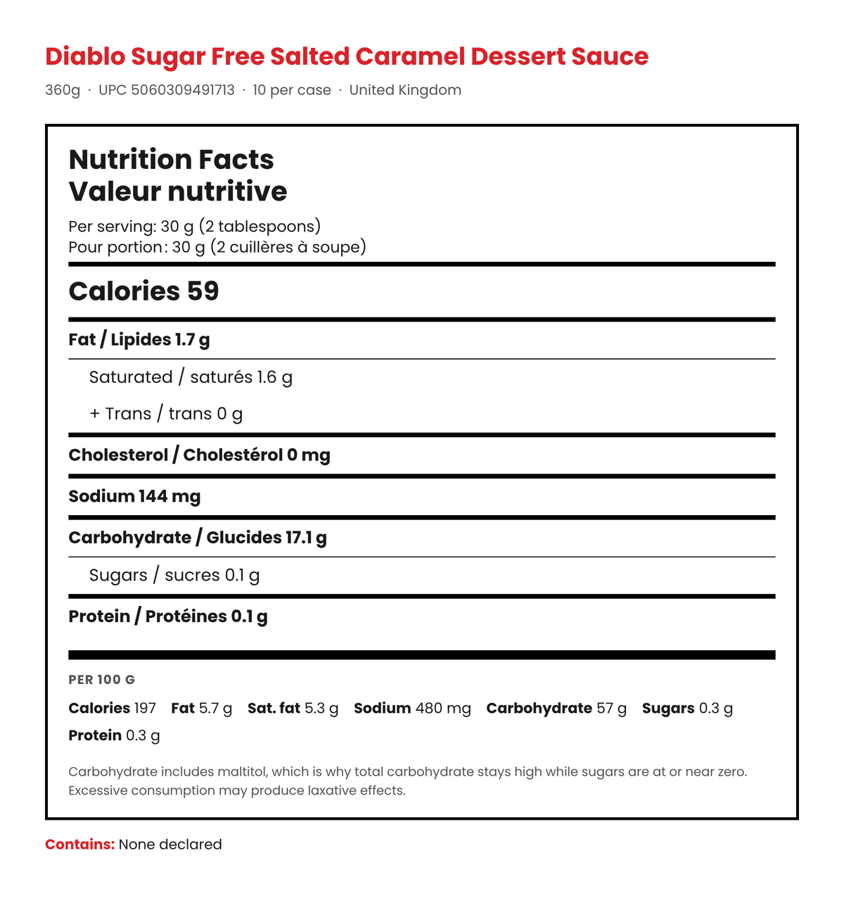 Diablo Salted Caramel Dessert Sauce Nutrition Facts panel, per 30g 2 tbsp serving, bilingual