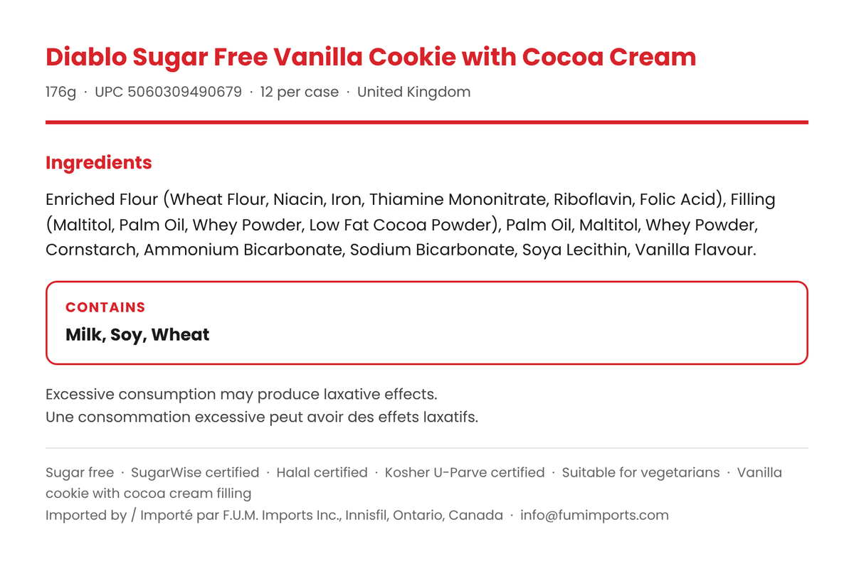 Diablo Sugar Free Vanilla Cookie with Cocoa Cream ingredients list, sugar free 176g pack
