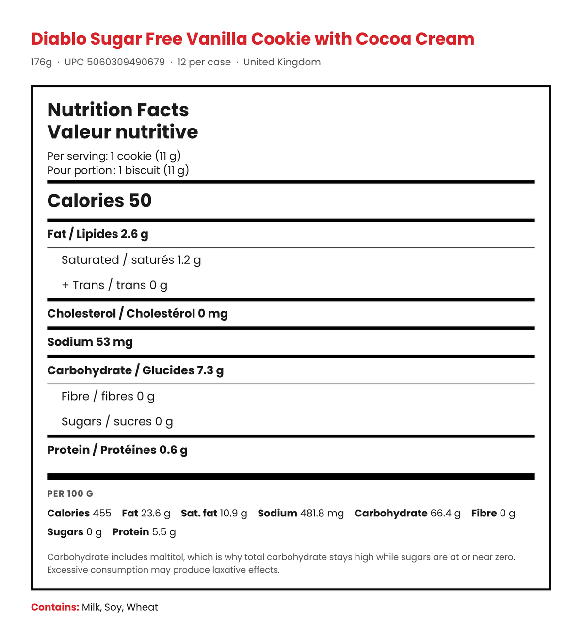 Diablo Vanilla Cookie with Cocoa Cream Nutrition Facts panel, per cookie 11g, bilingual