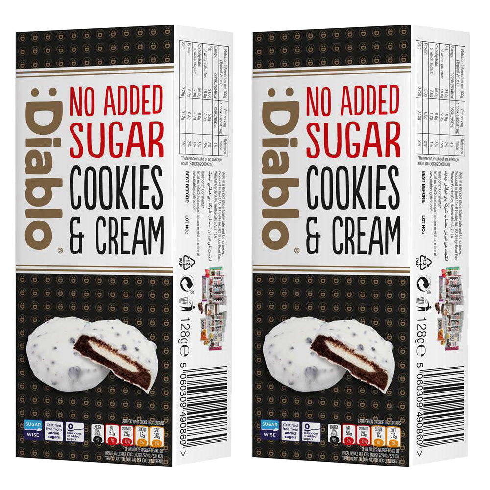 Diablo White Chocolate Cookies and Cream biscuit cut open on a table with soft pastel bowls behind