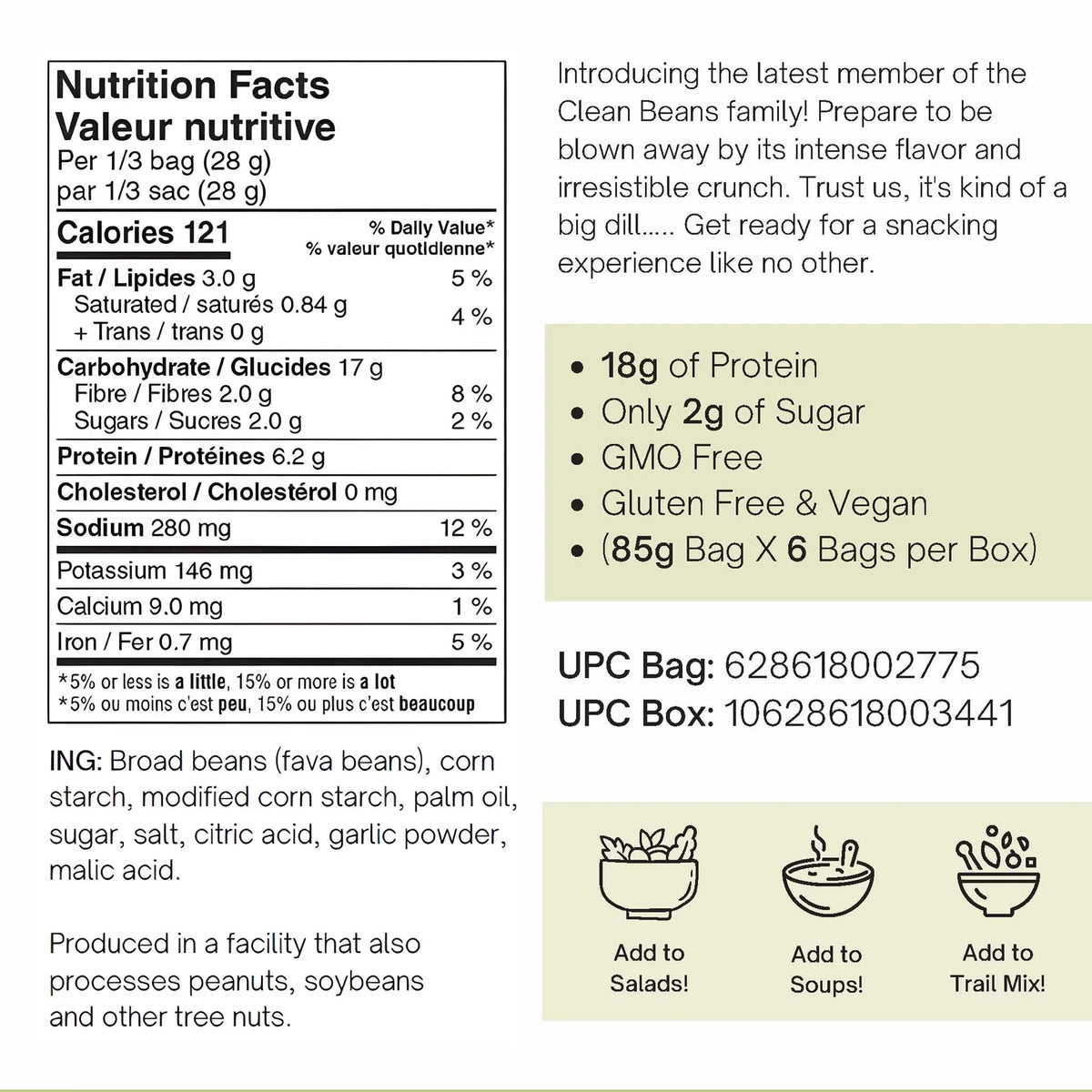 Nutraphase Clean Beans Dill Pickle Nutrition Facts panel, 121 calories and 18g protein