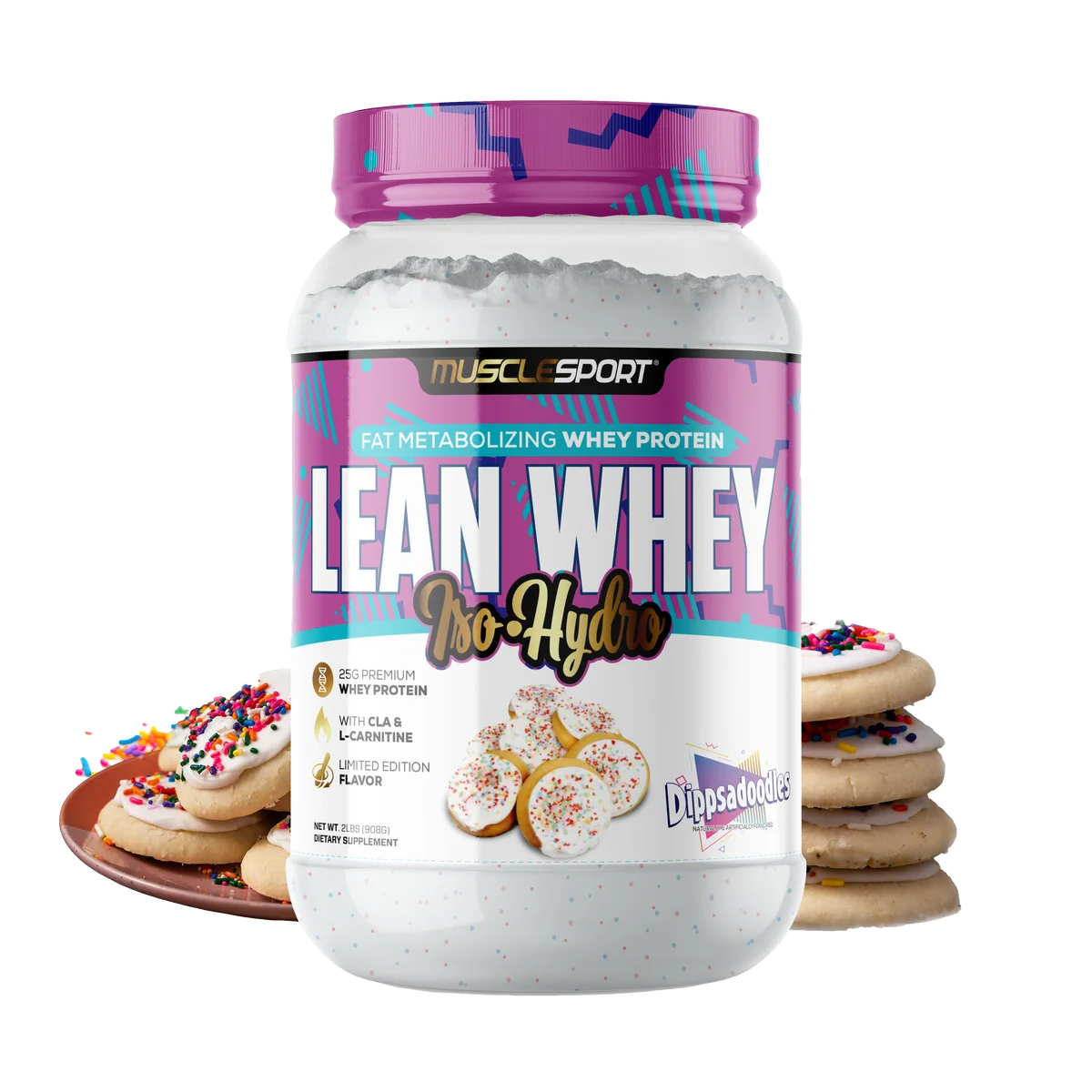 MuscleSport Lean Whey Dippsadoodles protein powder with flavor scoop