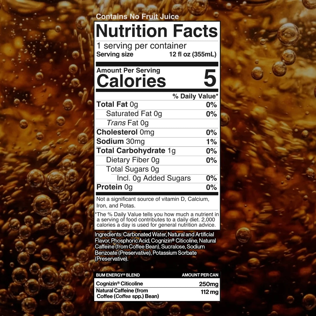 Nutrition Facts panel for BUM Energy Dr. BUM — 5 calories, 0 g sugar, 112 mg caffeine, 250 mg Cognizin