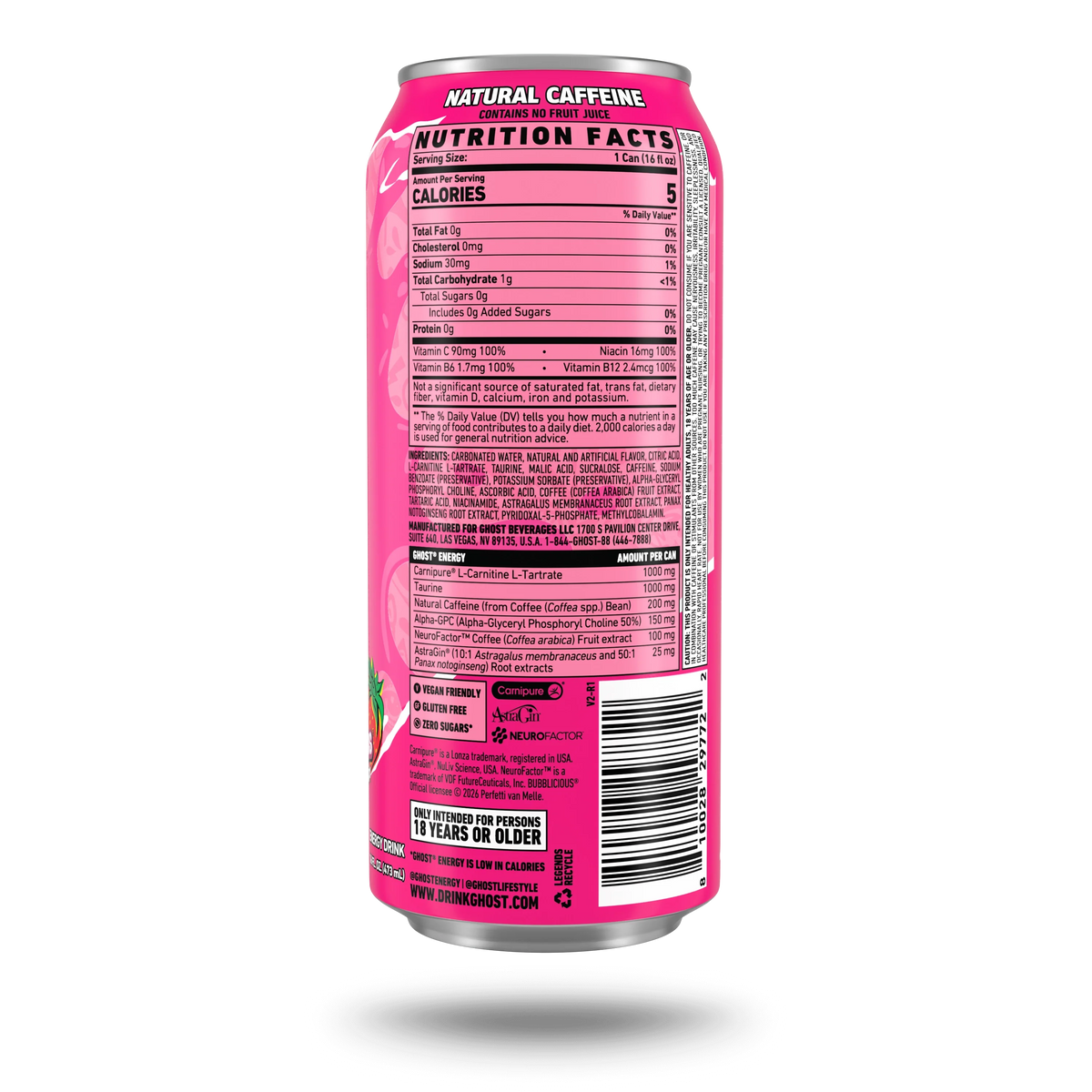 GHOST Energy USA Bubblicious Strawberry Splash — Nutrition Facts label, 16 fl oz can, 200mg natural caffeine