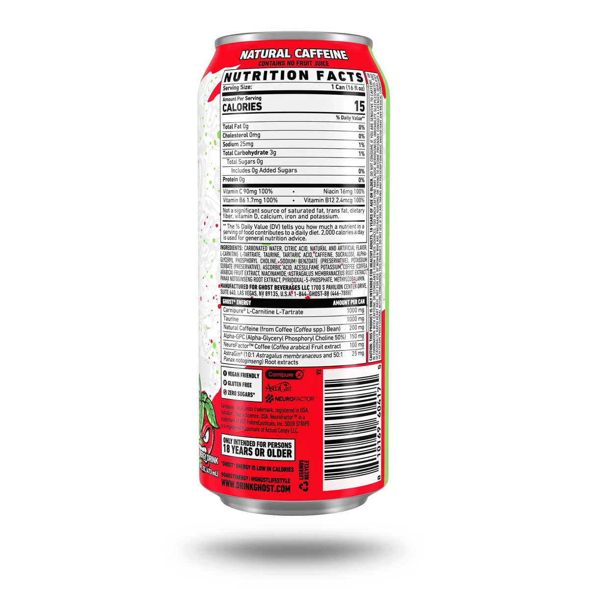 GHOST Energy USA Sour Strips Appleberry — Nutrition Facts label, 16 fl oz can, 200mg natural caffeine