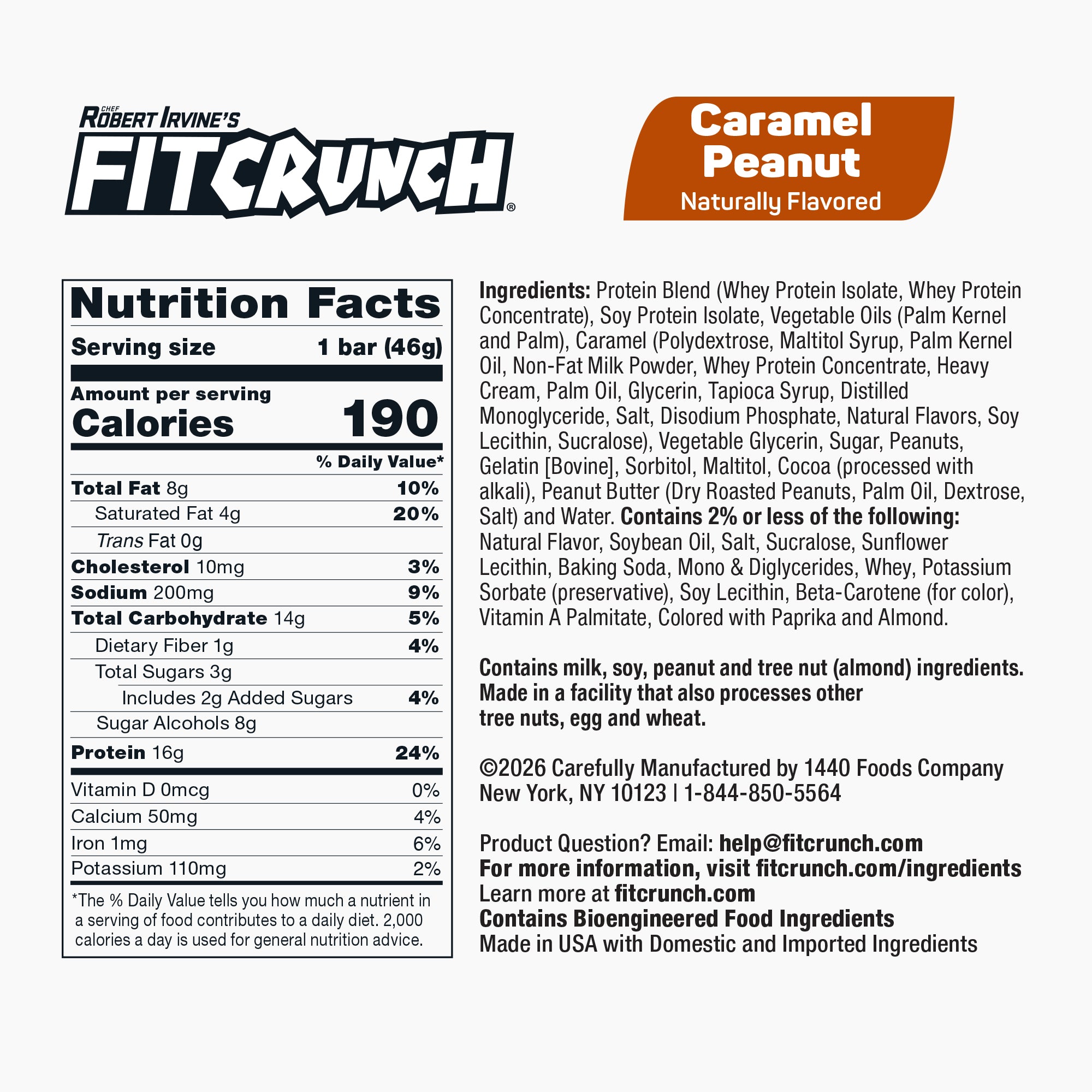 FITCRUNCH Snack Size Protein Bar Nutrition Facts panel — 16g protein, low sugar gluten-free