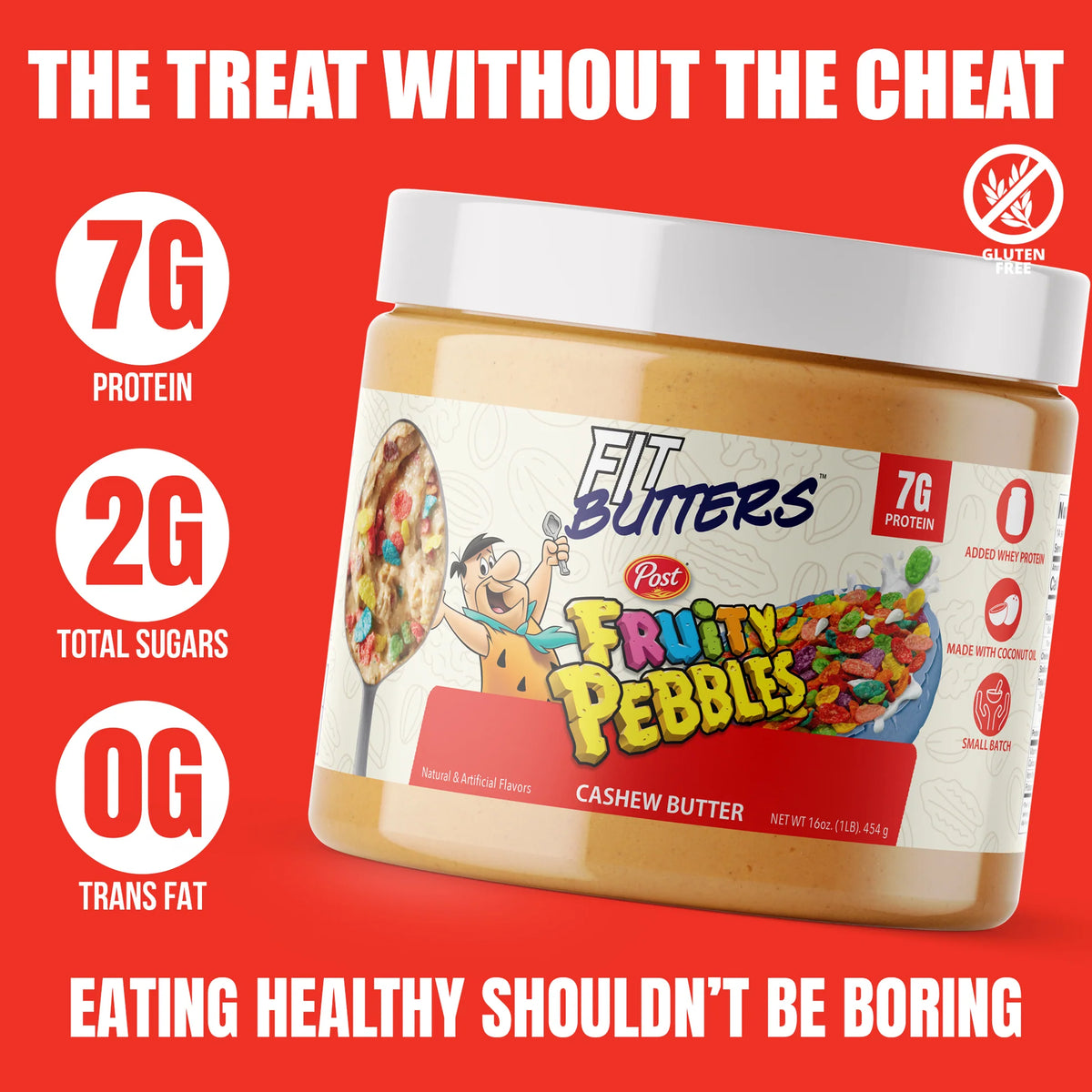 Fit Butter Fruity PEBBLES cashew butter, open jar showing colorful fruity cereal pieces