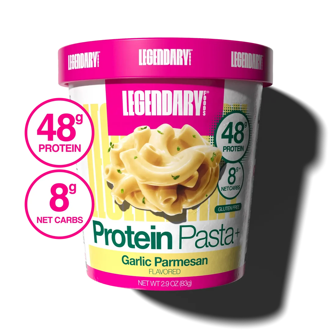 Legendary Protein Pasta Garlic Parmesan single-serve cup on a white background.