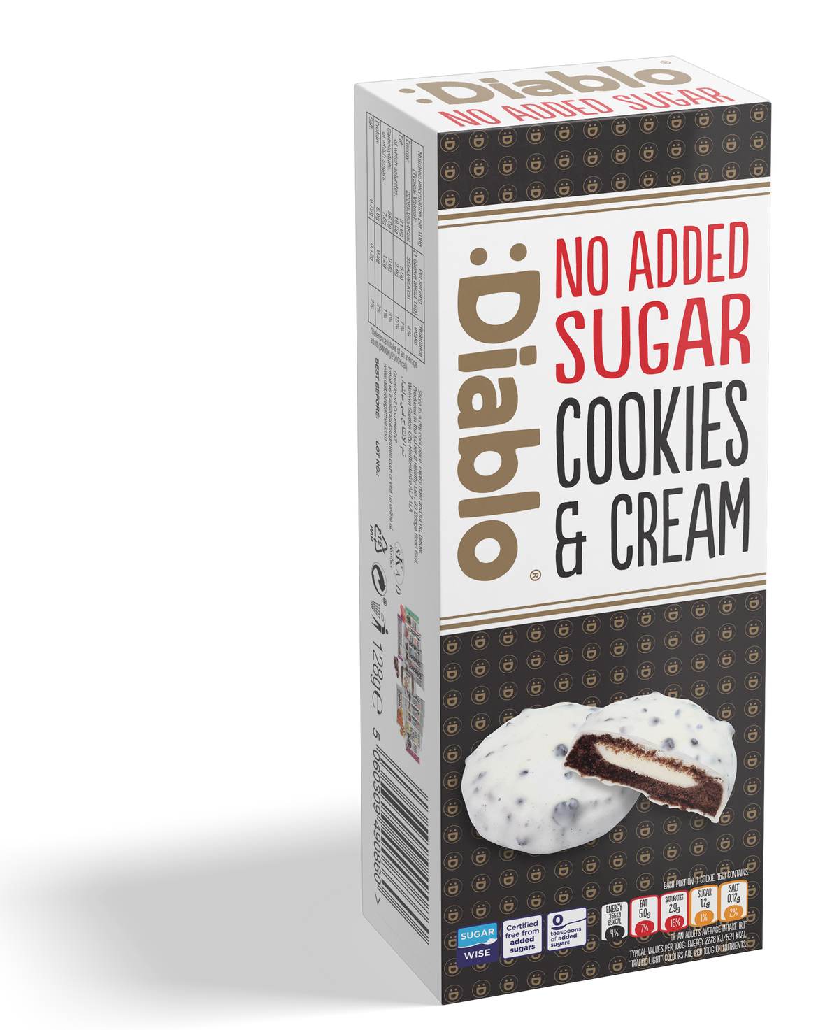Diablo No Added Sugar White Chocolate Coated Cookies and Cream, 128g pack, front of box