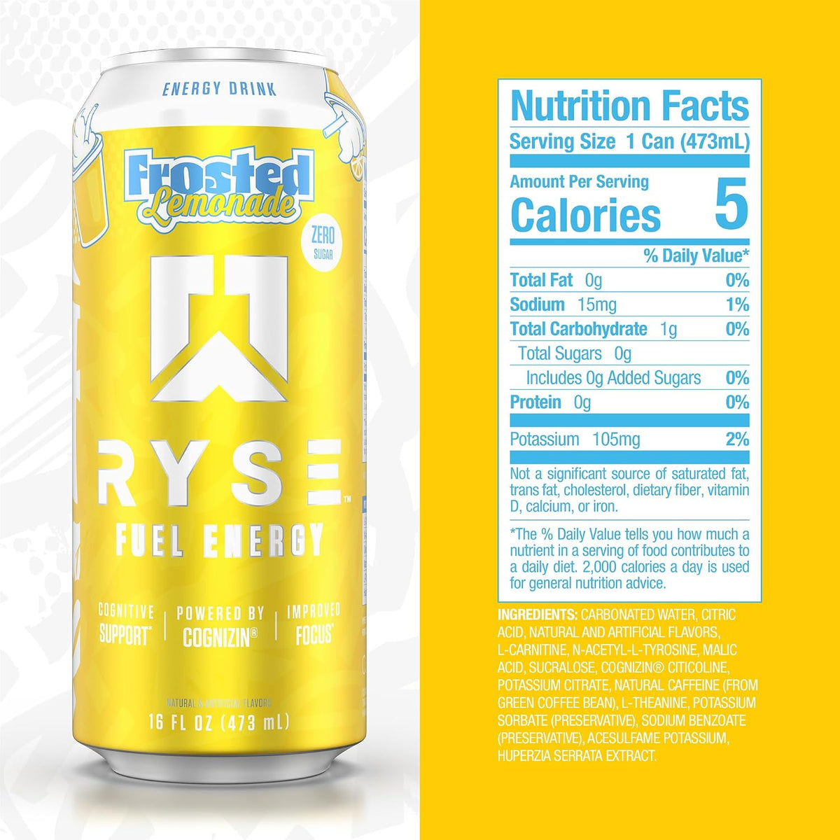 RYSE Fuel Energy tall can in Frosted Lemonade, yellow 16 fl oz zero sugar can with Cognizin, beside facts panel
