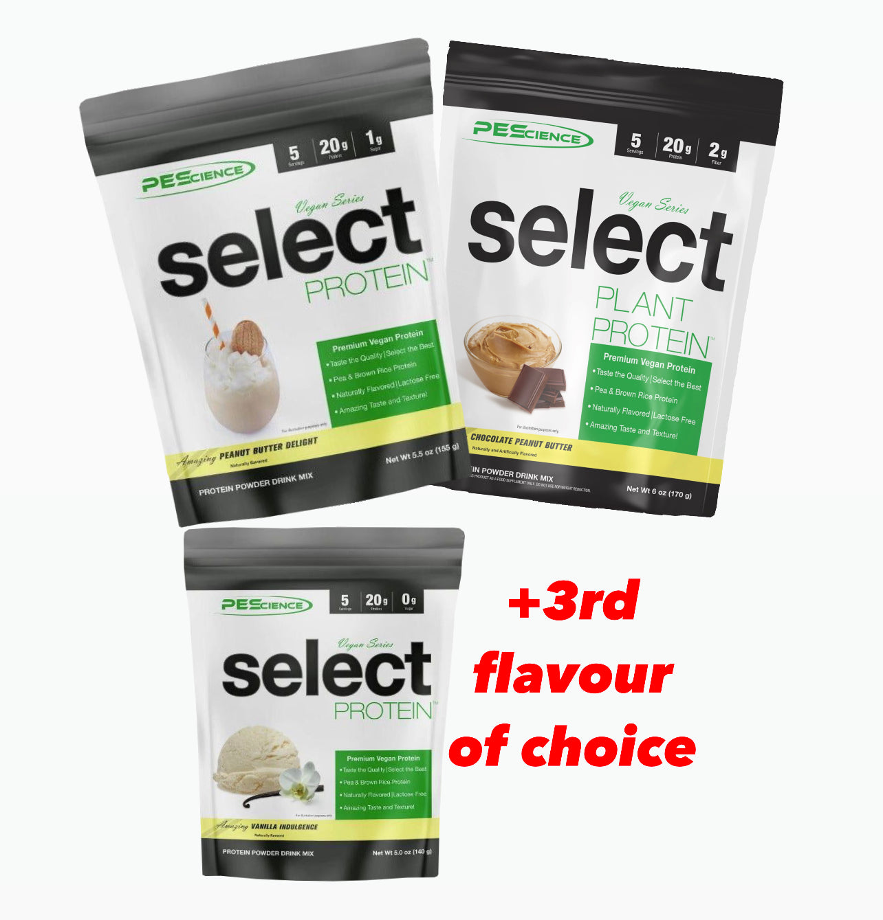 PEScience Vegan 3 Trial Size Variety Pack (PB, Choc PB + 1 flavour of choice)