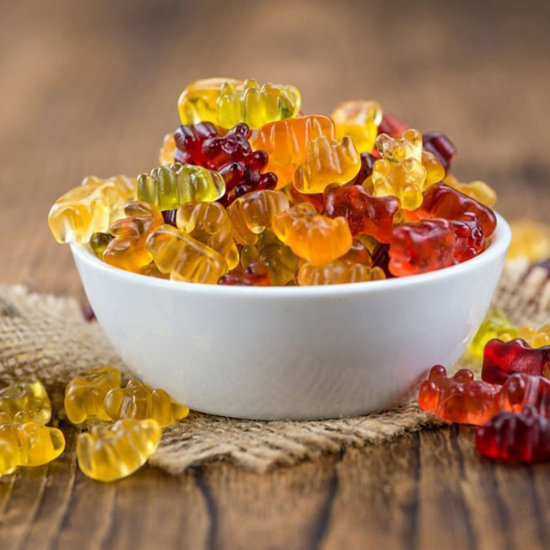 Diablo Sugar Free Gummy Bears served in a white bowl, assorted fruit-flavoured chewy sugar free sweets