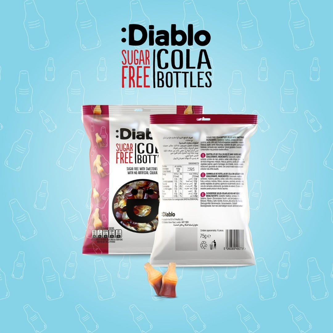 Diablo Sugar Free Cola Bottles 75g front and back of pack showing ingredients and nutrition information