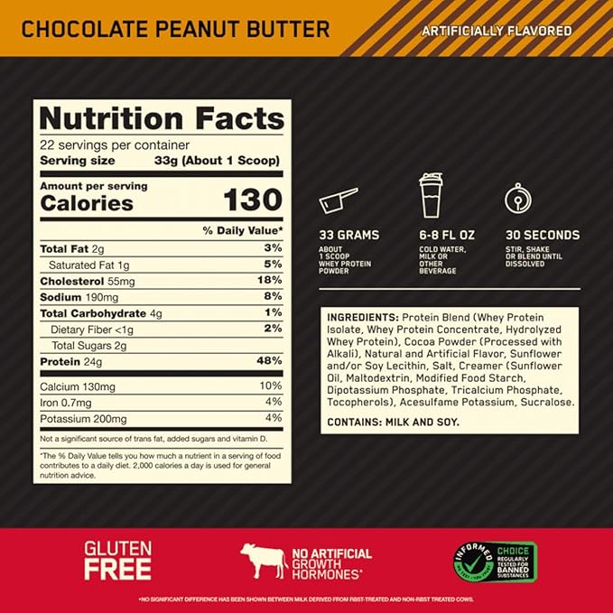 Optimum Nutrition Gold Standard 100% Whey Protein Powder (1.5 lb) Nutrition Facts panel