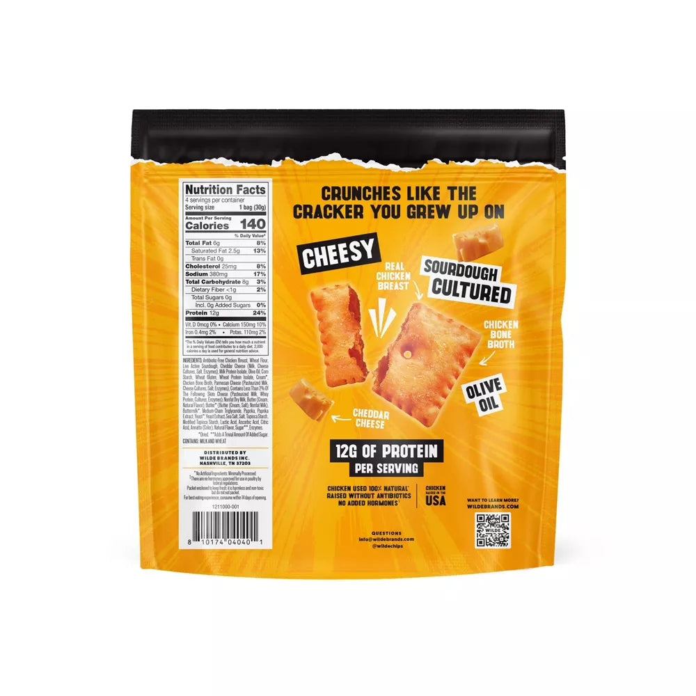Wilde Protein Crackers Classic Cheddar Nutrition Facts label — 12g protein, 0g sugar, 140 calories