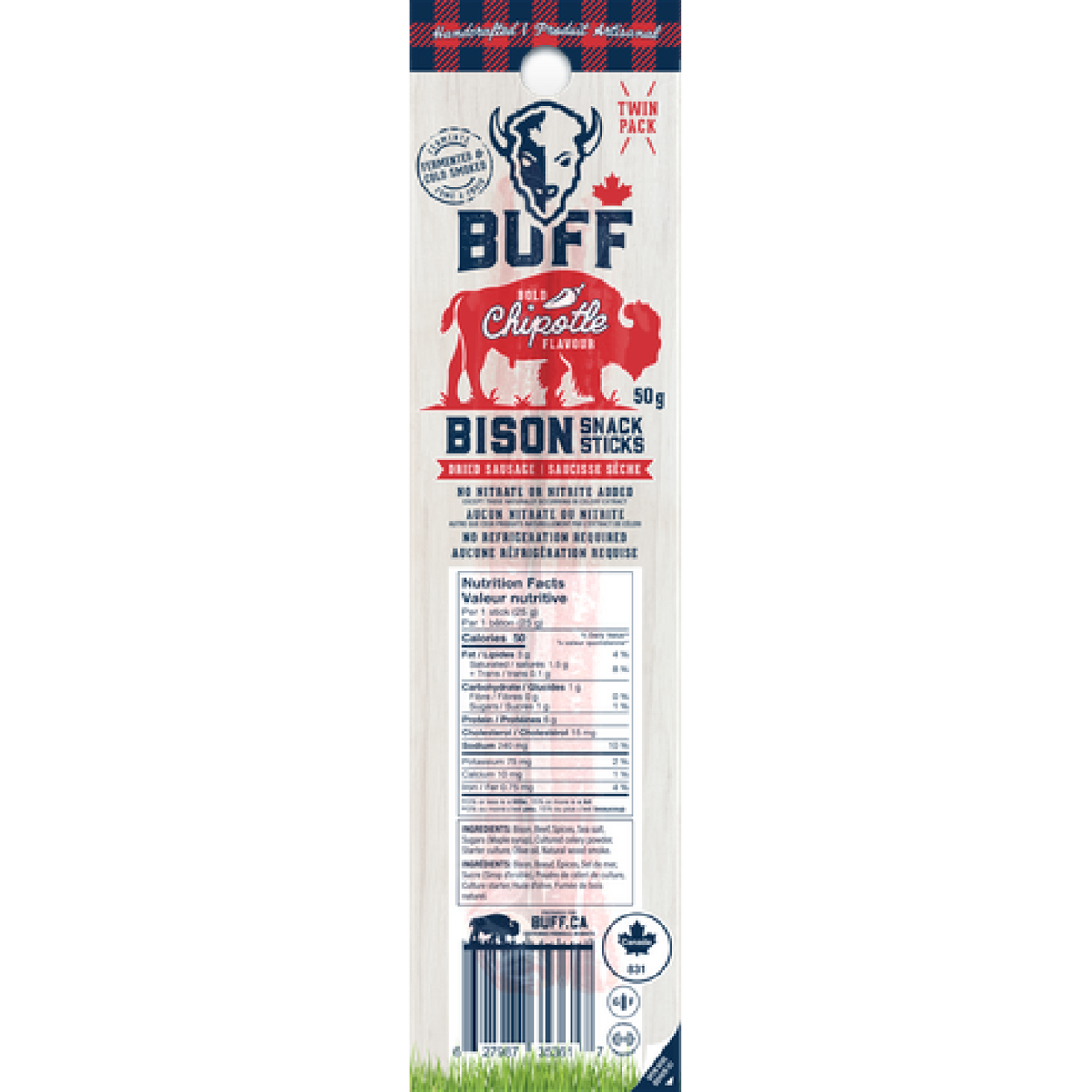 BUFF Bold Chipotle Flavour bison snack sticks twin pack, 50 g front of pack with smoky chipotle spice