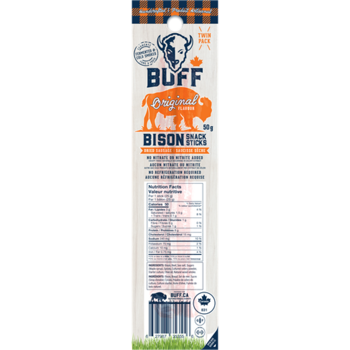 BUFF Original Flavour bison snack sticks twin pack, 50 g front of pack with maple and natural wood smoke
