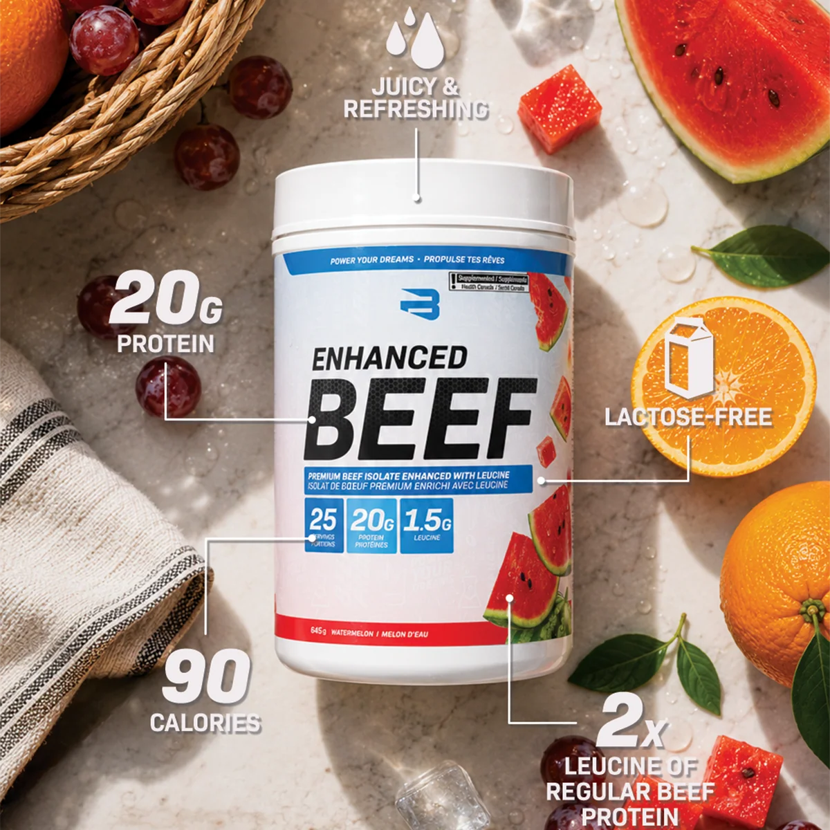 Believe Enhanced Beef Protein, light refreshing dairy-free beef protein drink with 20 g protein per serving