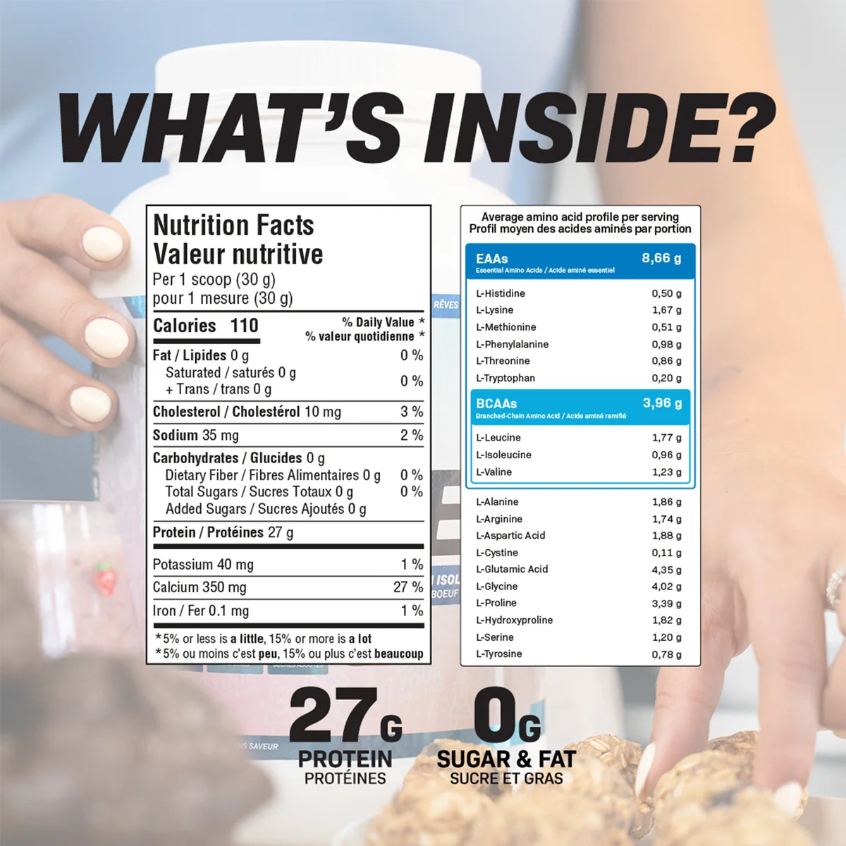 Nutrition Facts: Believe Isolate Protein unflavored per 30 g scoop, 110 calories, 27 g protein, 0 g carbs