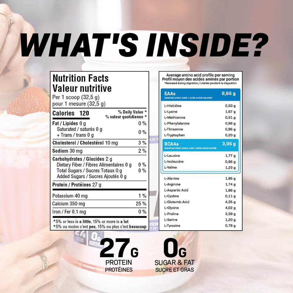 Nutrition Facts: Believe Isolate Protein flavoured per 32.5 g scoop, 120 calories, 27 g protein, 2 g carbs