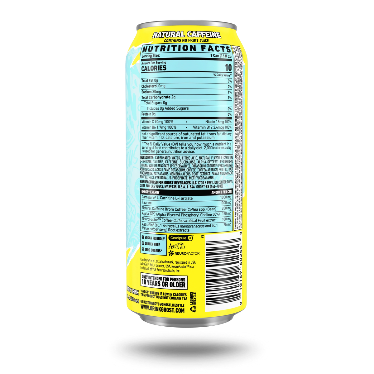 GHOST Energy USA Iced Tea Lemonade — Nutrition Facts label, 16 fl oz can, 200mg natural caffeine