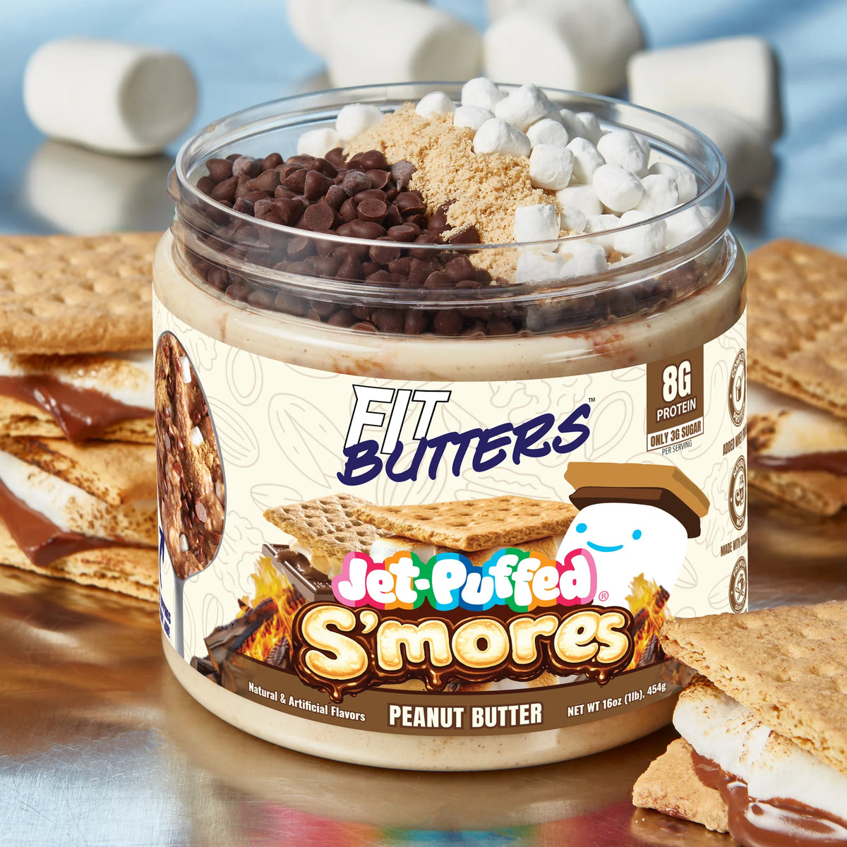 Fit Butter JET-PUFFED S'mores high-protein peanut butter jar, front label with marshmallow